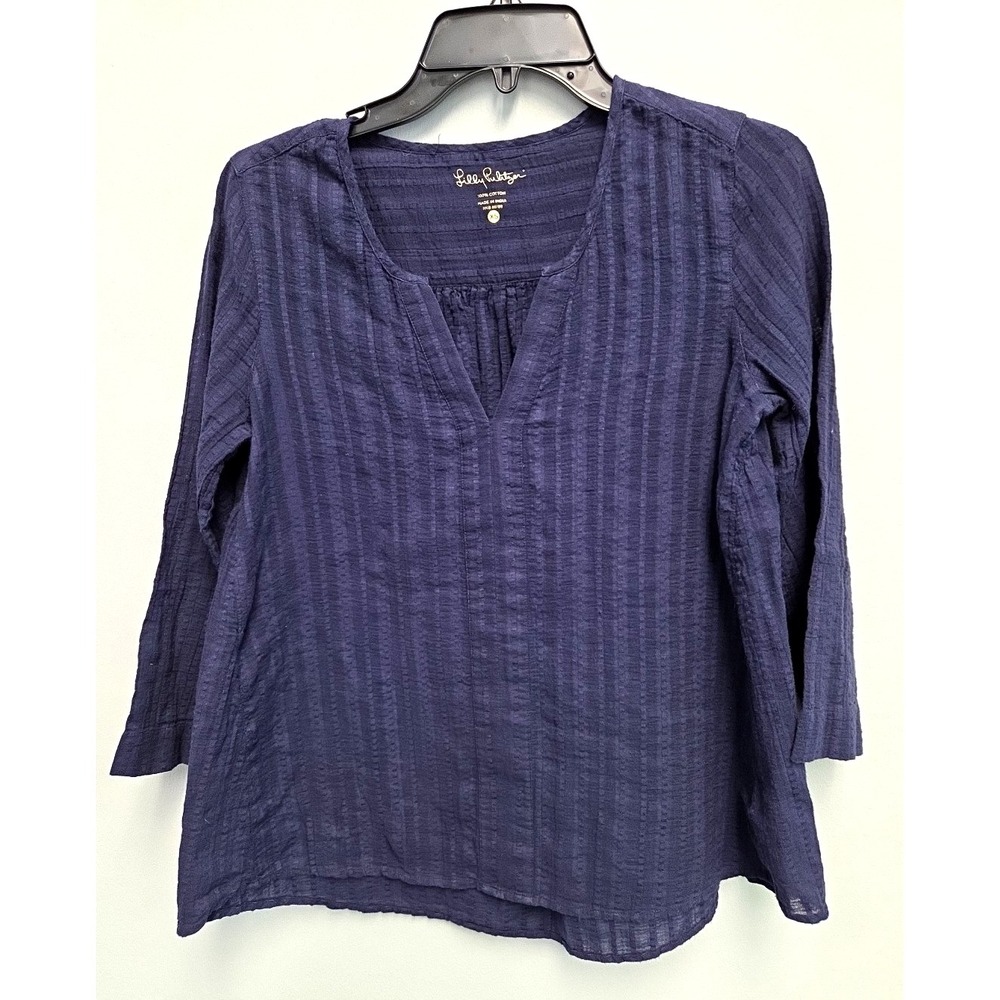 Lilly Pulitzer Women's Navy Blue Blouse Top 100% Cotton XS Popover 3/4 sleeve
